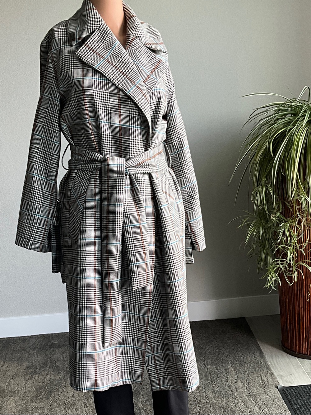 Topshop Plaid Belted Long Coat in Taupe and Light Blue